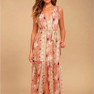 Lulu's Pink & Cream Printed V-Neck Maxi Dress with Tie Waist
